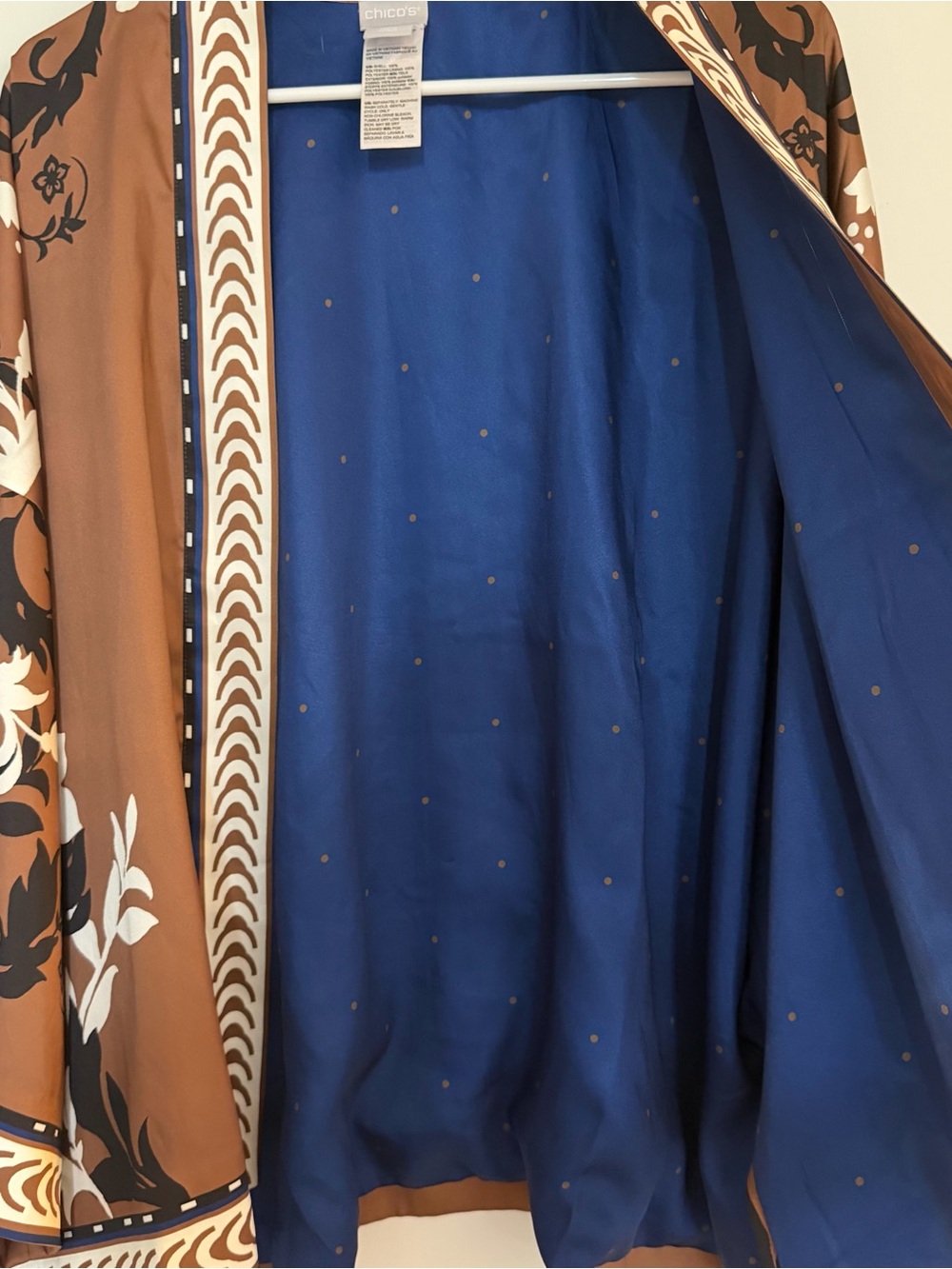 Chico's Brown Floral-Print Open Kimono with Navy Interior-Size L/XL - Picture 8 of 12